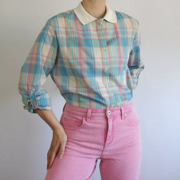 Vintage 80s Pastel Plaid Wrangler Button Up Blouse w/ Contrast Polo Collar - Picture 1 of 8